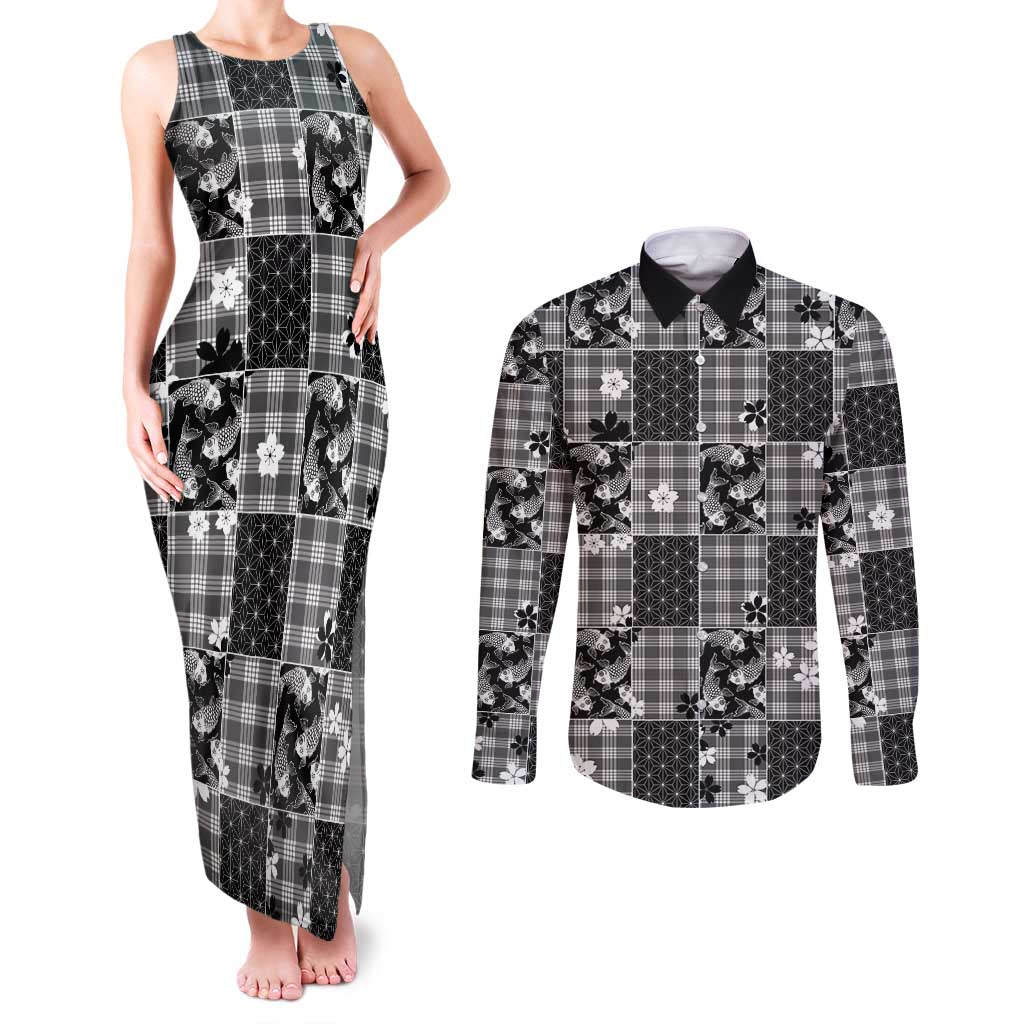 Black Palaka Japanese Patterns Couples Matching Tank Maxi Dress and Long Sleeve Button Shirt Koi Fish Asanoha Sakura Patchwork Stylized - Polynesian Pride