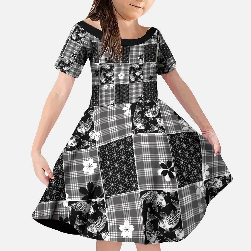Black Palaka Japanese Patterns Family Matching Long Sleeve Bodycon Dress and Hawaiian Shirt Koi Fish Asanoha Sakura Patchwork Stylized LT14 Daughter's Dress Black - Polynesian Pride