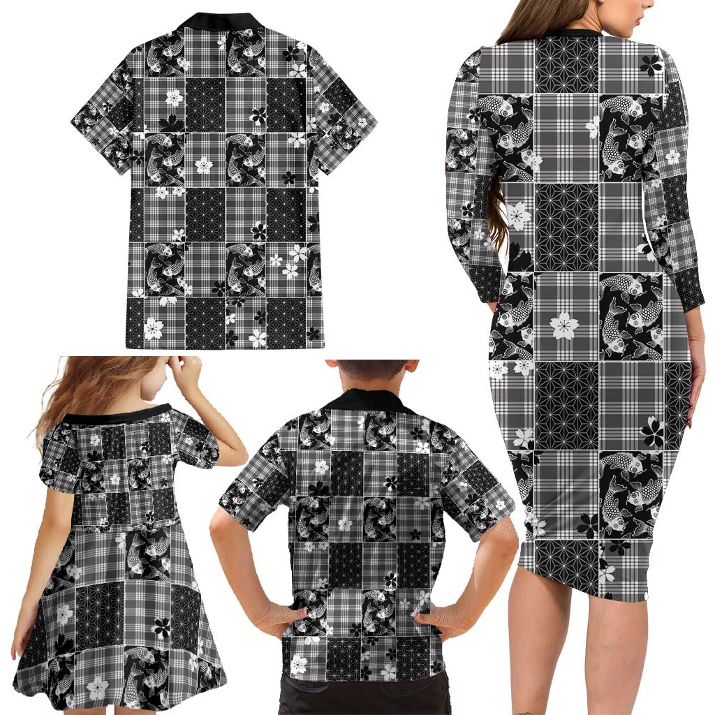 Black Palaka Japanese Patterns Family Matching Long Sleeve Bodycon Dress and Hawaiian Shirt Koi Fish Asanoha Sakura Patchwork Stylized LT14 - Polynesian Pride