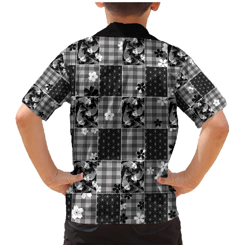 Black Palaka Japanese Patterns Family Matching Mermaid Dress and Hawaiian Shirt Koi Fish Asanoha Sakura Patchwork Stylized - Polynesian Pride