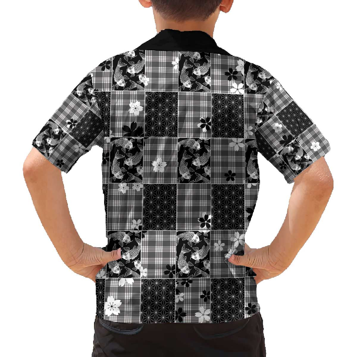 Black Palaka Japanese Patterns Family Matching Off The Shoulder Long Sleeve Dress and Hawaiian Shirt Koi Fish Asanoha Sakura Patchwork Stylized LT14 - Polynesian Pride