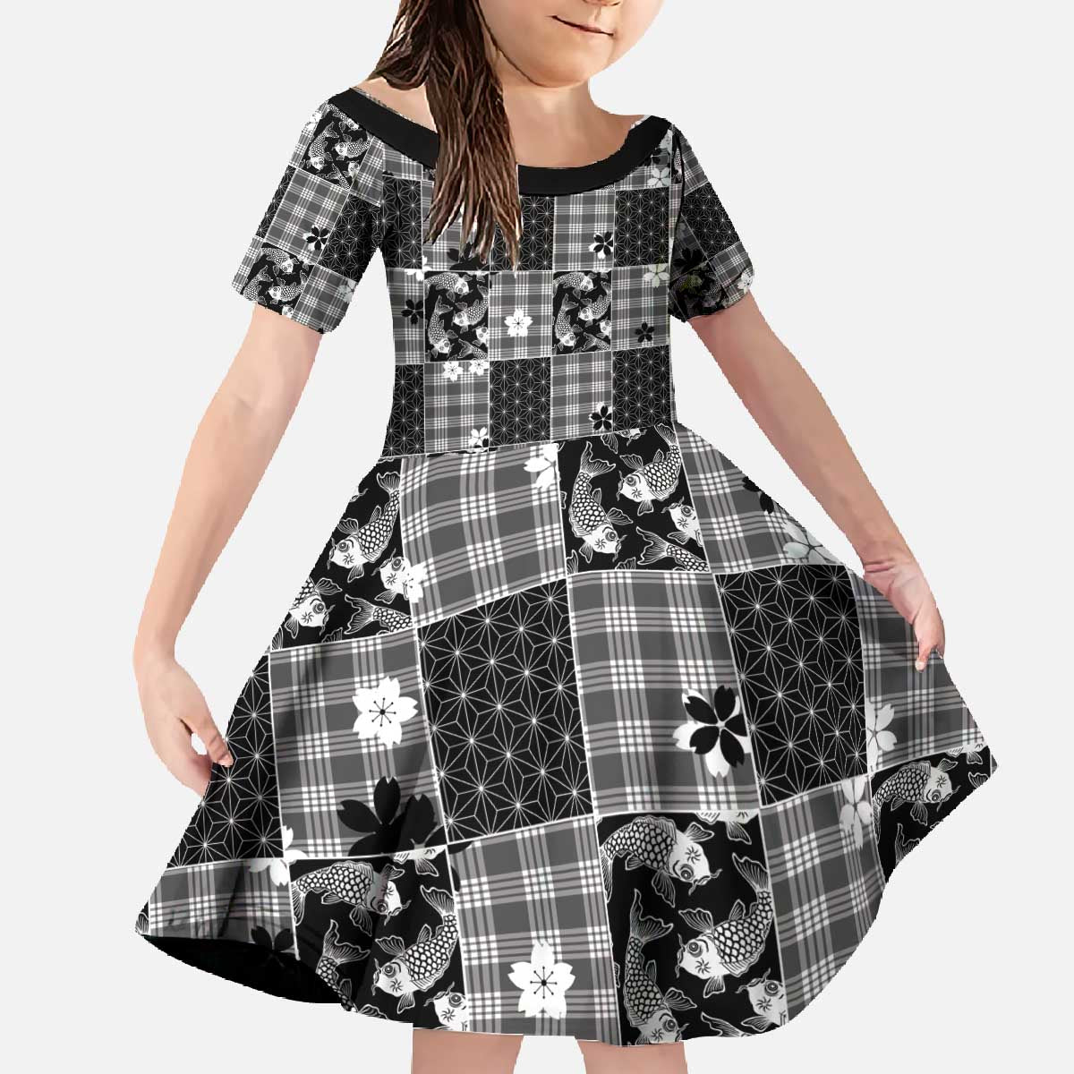 Black Palaka Japanese Patterns Family Matching Off The Shoulder Long Sleeve Dress and Hawaiian Shirt Koi Fish Asanoha Sakura Patchwork Stylized LT14 Daughter's Dress Black - Polynesian Pride