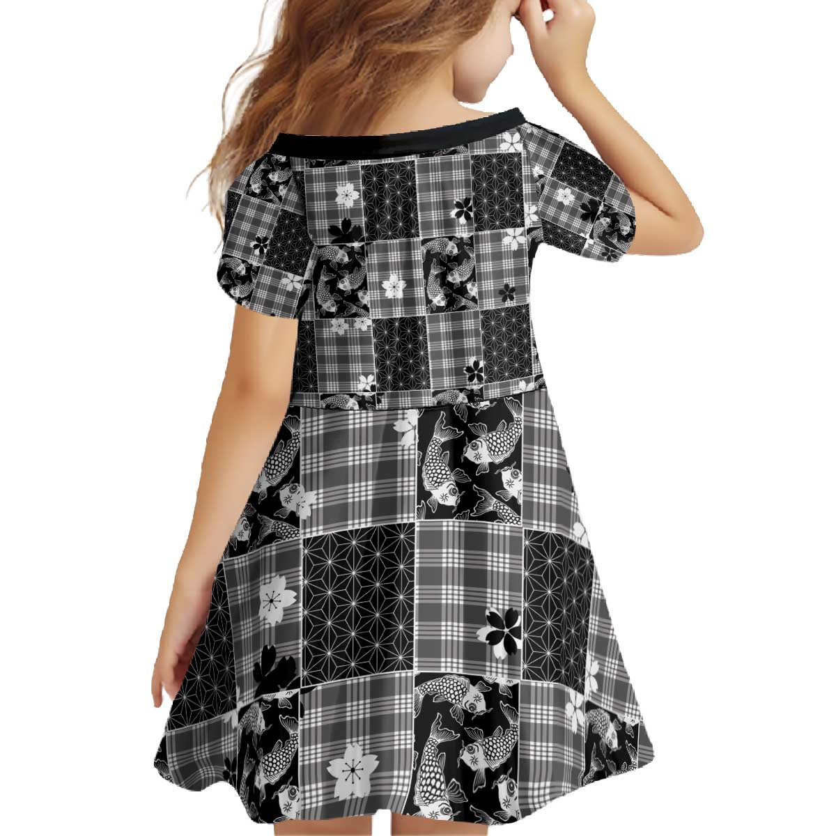 Black Palaka Japanese Patterns Family Matching Off The Shoulder Long Sleeve Dress and Hawaiian Shirt Koi Fish Asanoha Sakura Patchwork Stylized LT14 - Polynesian Pride
