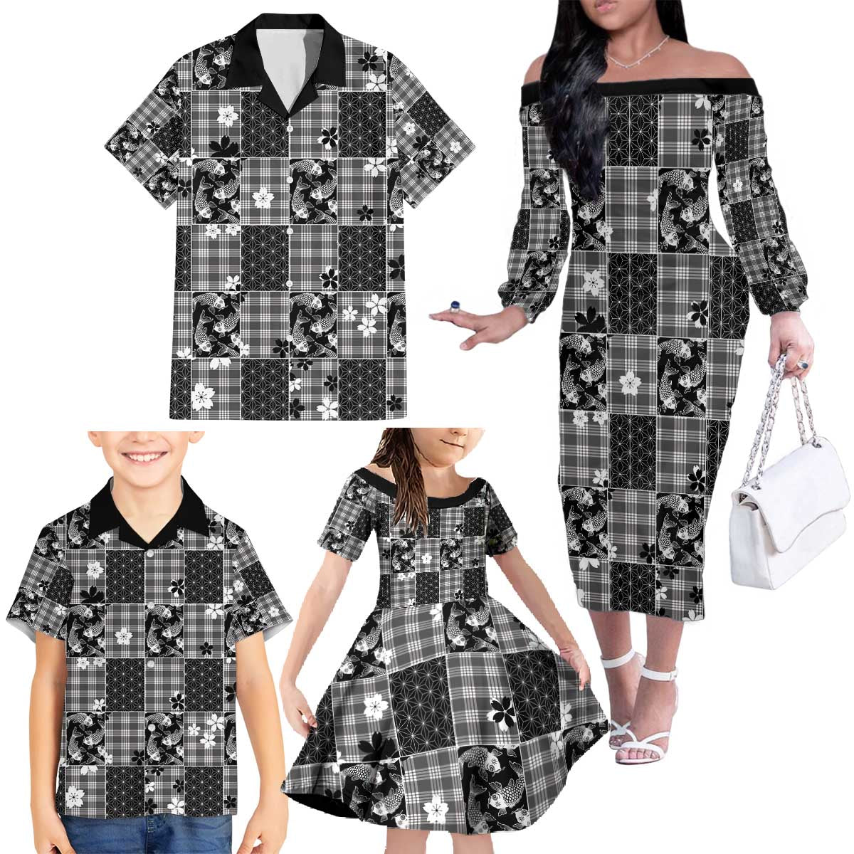 Black Palaka Japanese Patterns Family Matching Off The Shoulder Long Sleeve Dress and Hawaiian Shirt Koi Fish Asanoha Sakura Patchwork Stylized LT14 - Polynesian Pride