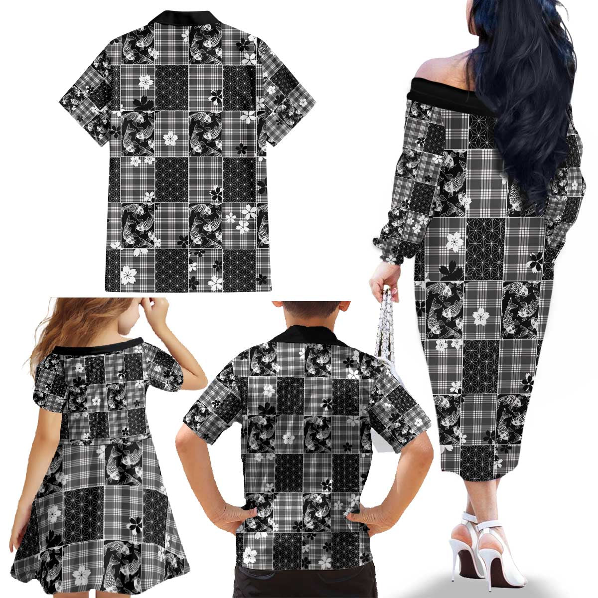 Black Palaka Japanese Patterns Family Matching Off The Shoulder Long Sleeve Dress and Hawaiian Shirt Koi Fish Asanoha Sakura Patchwork Stylized LT14 - Polynesian Pride