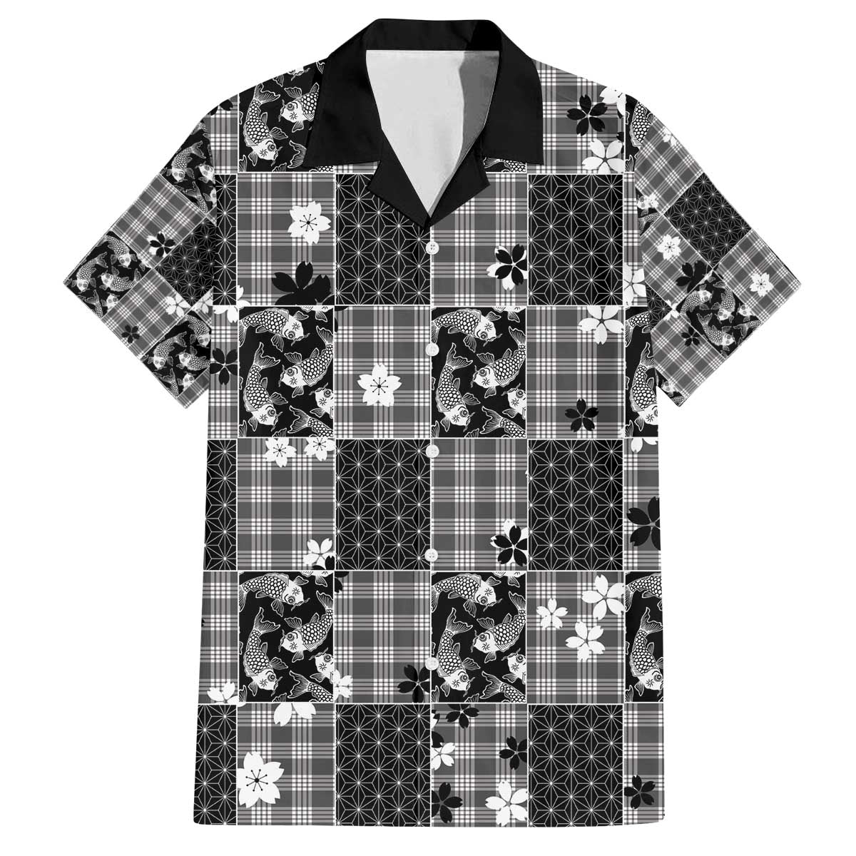 Black Palaka Japanese Patterns Family Matching Off The Shoulder Long Sleeve Dress and Hawaiian Shirt Koi Fish Asanoha Sakura Patchwork Stylized LT14 Dad's Shirt - Short Sleeve Black - Polynesian Pride