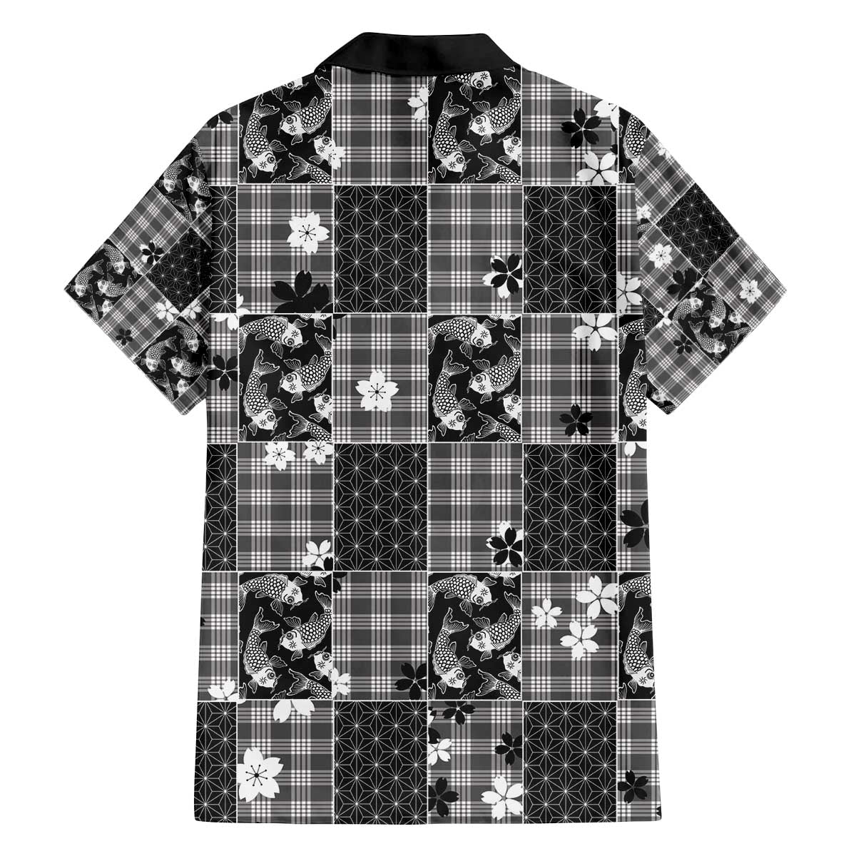 Black Palaka Japanese Patterns Family Matching Off The Shoulder Long Sleeve Dress and Hawaiian Shirt Koi Fish Asanoha Sakura Patchwork Stylized LT14 - Polynesian Pride