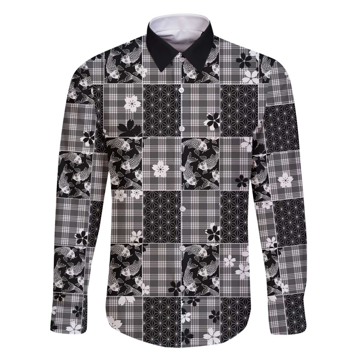 Black Palaka Japanese Patterns Family Matching Off The Shoulder Long Sleeve Dress and Hawaiian Shirt Koi Fish Asanoha Sakura Patchwork Stylized LT14 Dad's Shirt - Long Sleeve Black - Polynesian Pride