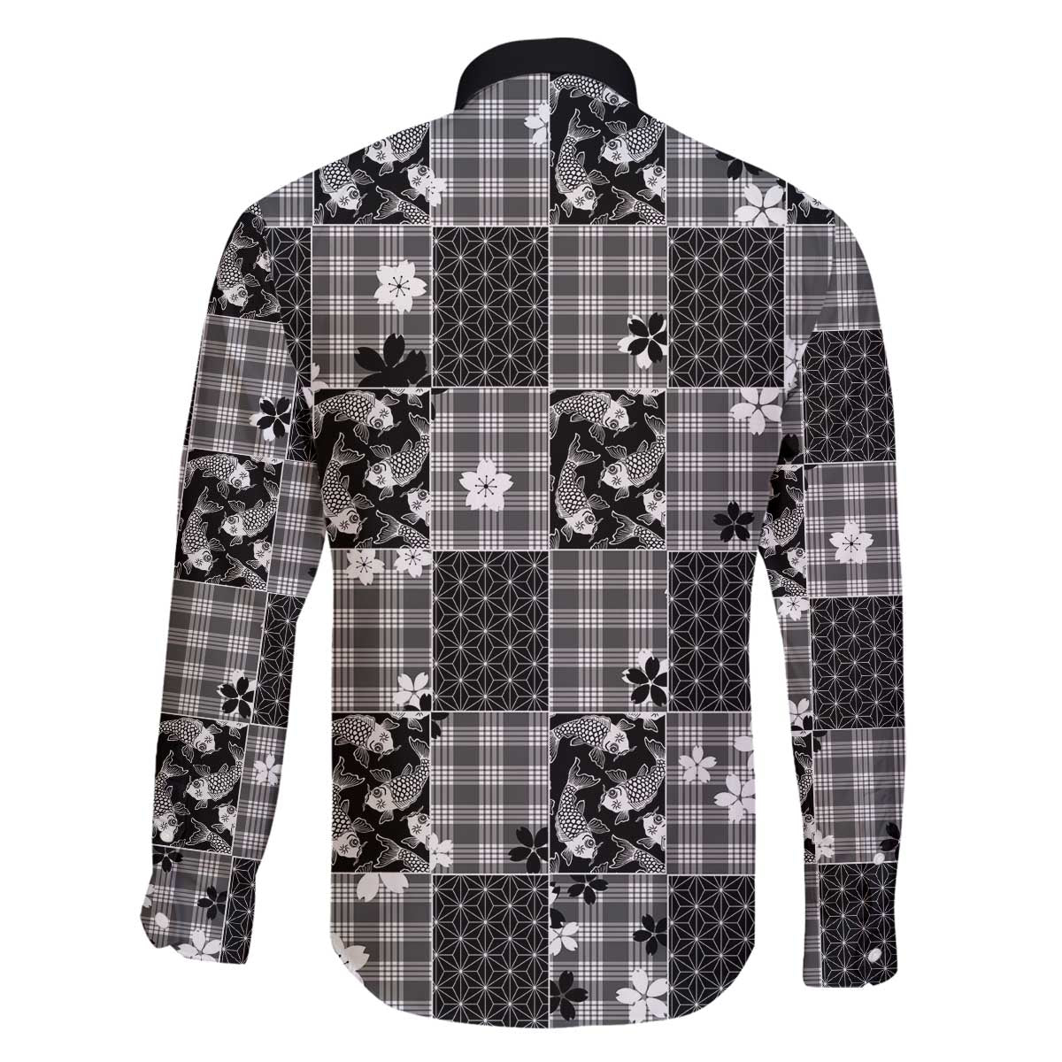 Black Palaka Japanese Patterns Family Matching Off The Shoulder Long Sleeve Dress and Hawaiian Shirt Koi Fish Asanoha Sakura Patchwork Stylized LT14 - Polynesian Pride