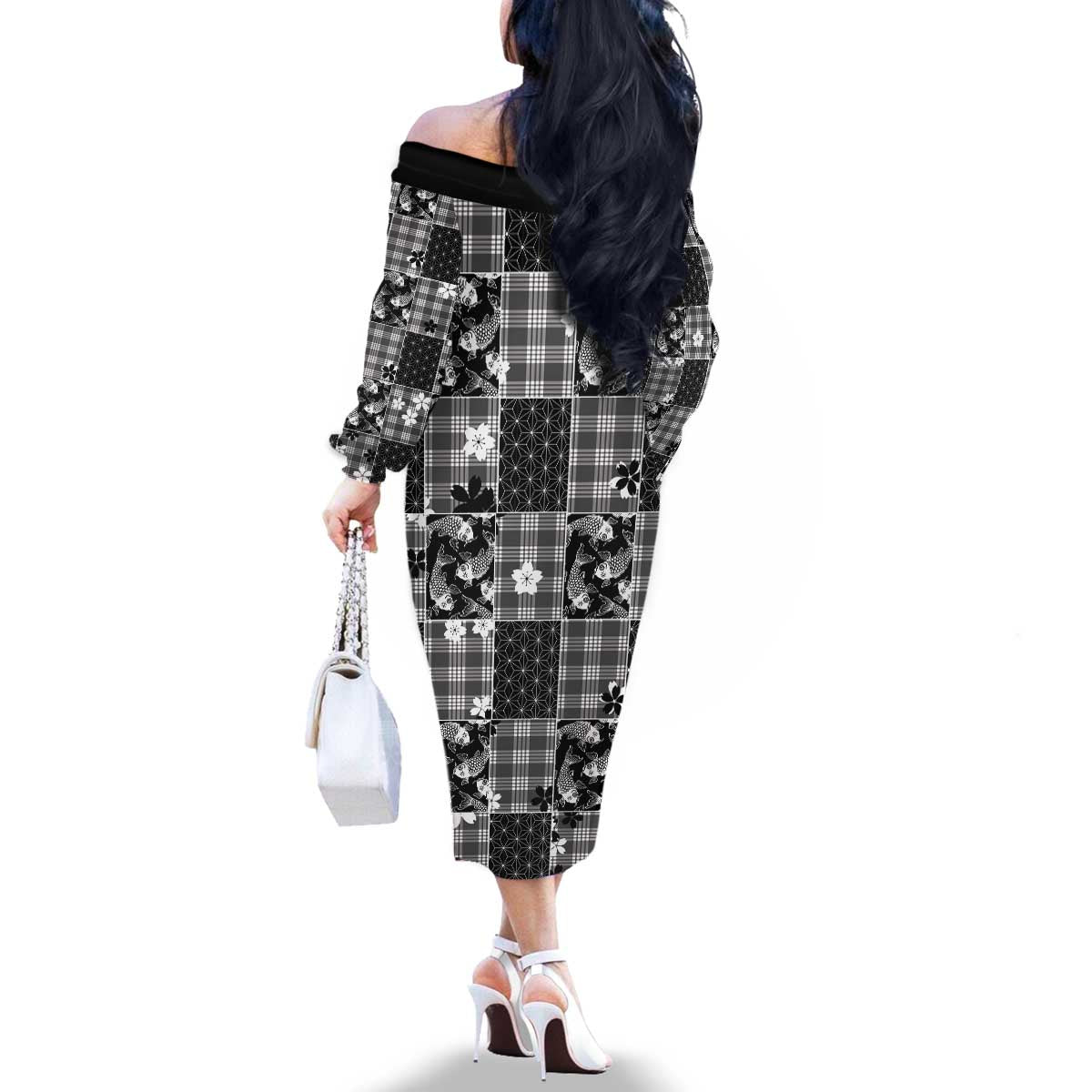 Black Palaka Japanese Patterns Family Matching Off The Shoulder Long Sleeve Dress and Hawaiian Shirt Koi Fish Asanoha Sakura Patchwork Stylized LT14 - Polynesian Pride