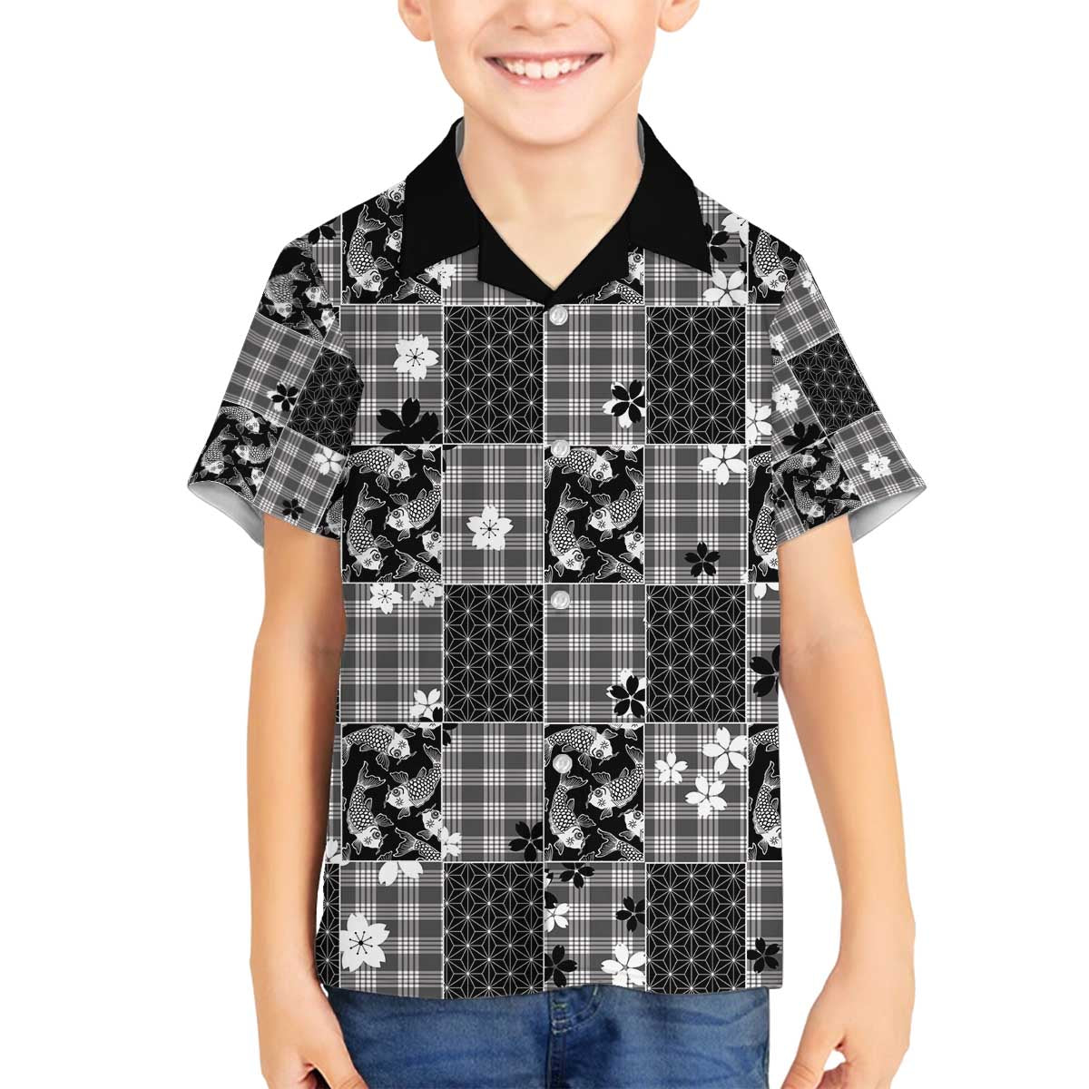 Black Palaka Japanese Patterns Family Matching Off The Shoulder Long Sleeve Dress and Hawaiian Shirt Koi Fish Asanoha Sakura Patchwork Stylized LT14 Son's Shirt Black - Polynesian Pride