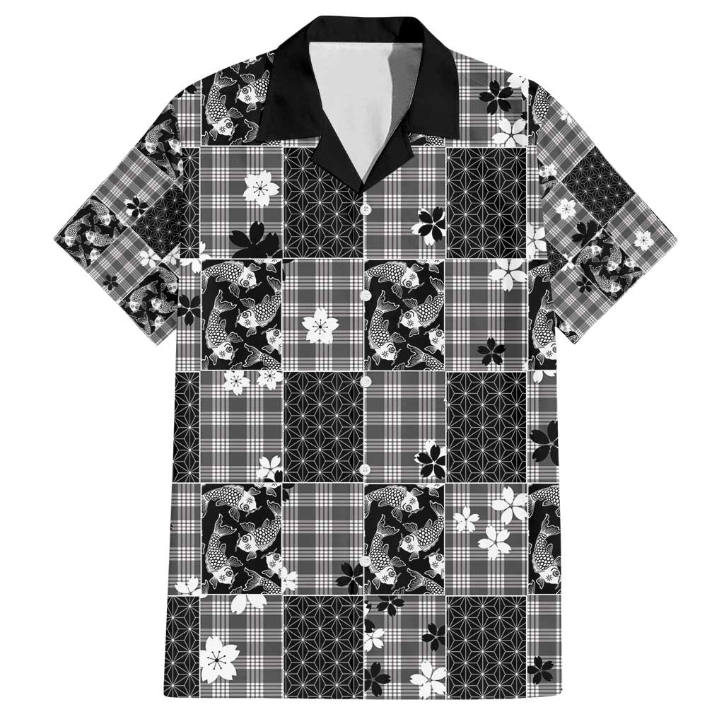 Black Palaka Japanese Patterns Family Matching Off Shoulder Short Dress and Hawaiian Shirt Koi Fish Asanoha Sakura Patchwork Stylized - Polynesian Pride