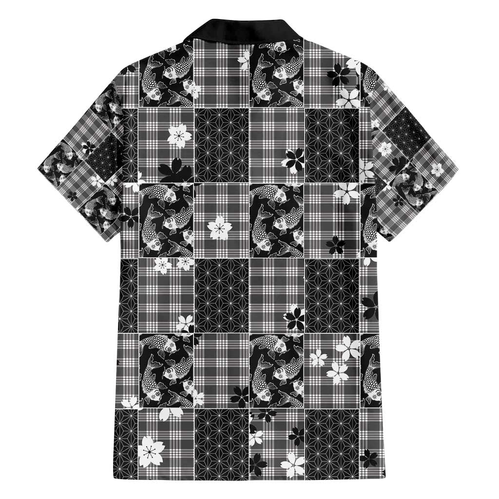 Black Palaka Japanese Patterns Family Matching Off Shoulder Short Dress and Hawaiian Shirt Koi Fish Asanoha Sakura Patchwork Stylized - Polynesian Pride