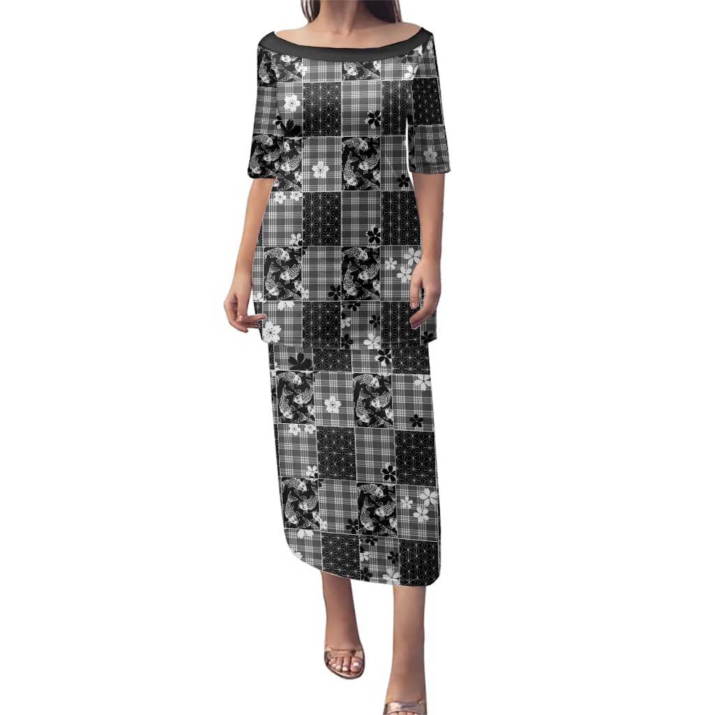 Black Palaka Japanese Patterns Family Matching Puletasi and Hawaiian Shirt Koi Fish Asanoha Sakura Patchwork Stylized - Polynesian Pride
