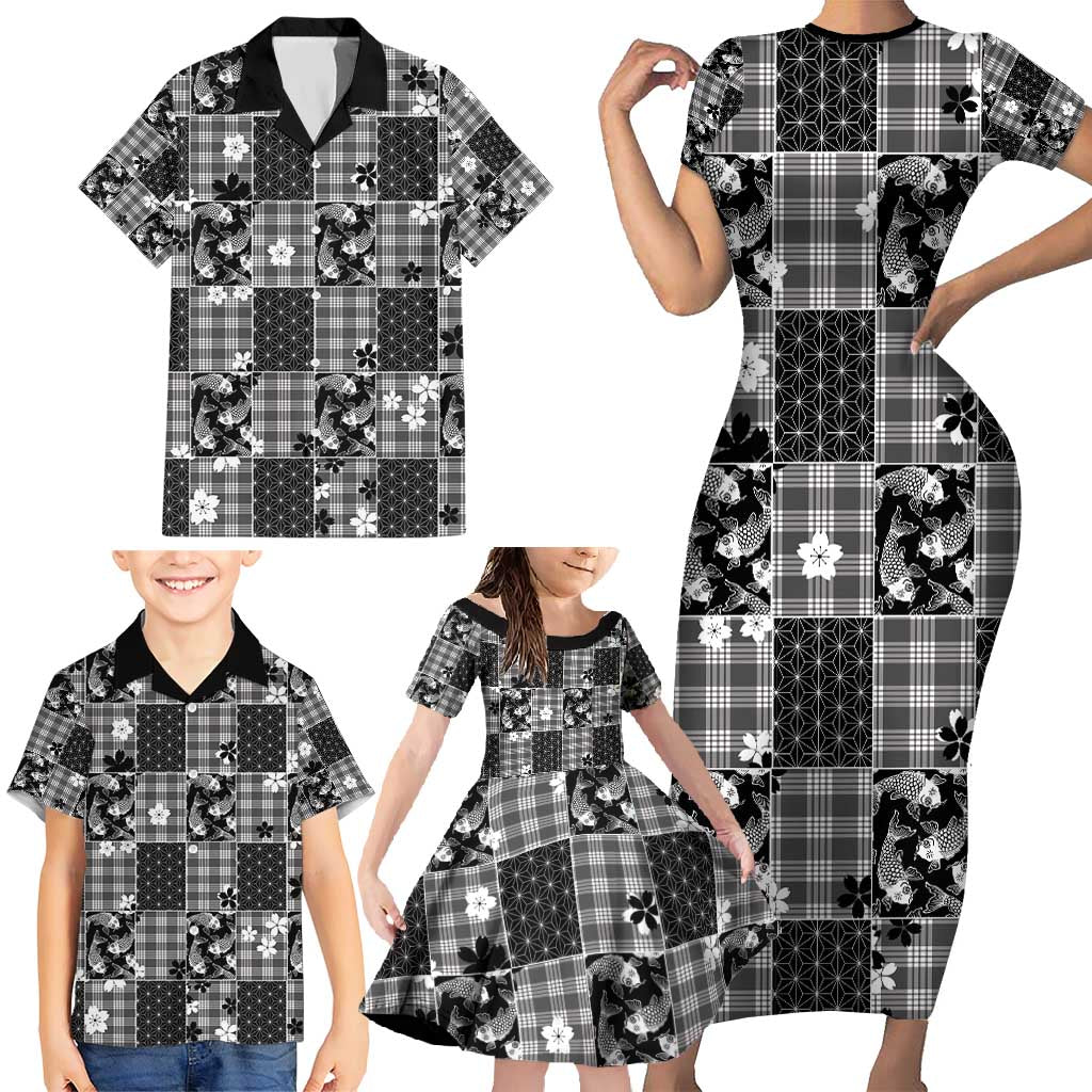 Black Palaka Japanese Patterns Family Matching Short Sleeve Bodycon Dress and Hawaiian Shirt Koi Fish Asanoha Sakura Patchwork Stylized LT14 - Polynesian Pride