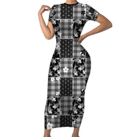 Black Palaka Japanese Patterns Family Matching Short Sleeve Bodycon Dress and Hawaiian Shirt Koi Fish Asanoha Sakura Patchwork Stylized LT14 Mom's Dress Black - Polynesian Pride