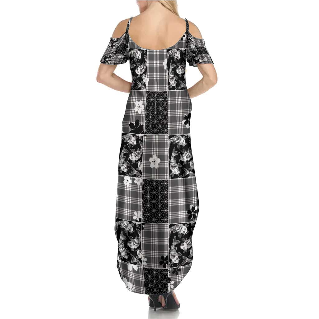 Black Palaka Japanese Patterns Family Matching Summer Maxi Dress and Hawaiian Shirt Koi Fish Asanoha Sakura Patchwork Stylized - Polynesian Pride