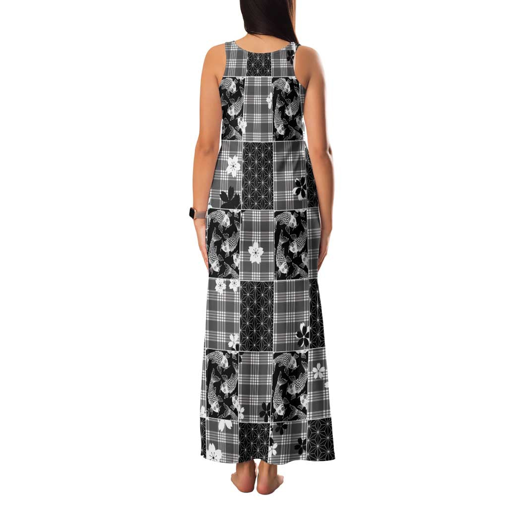 Black Palaka Japanese Patterns Family Matching Tank Maxi Dress and Hawaiian Shirt Koi Fish Asanoha Sakura Patchwork Stylized - Polynesian Pride