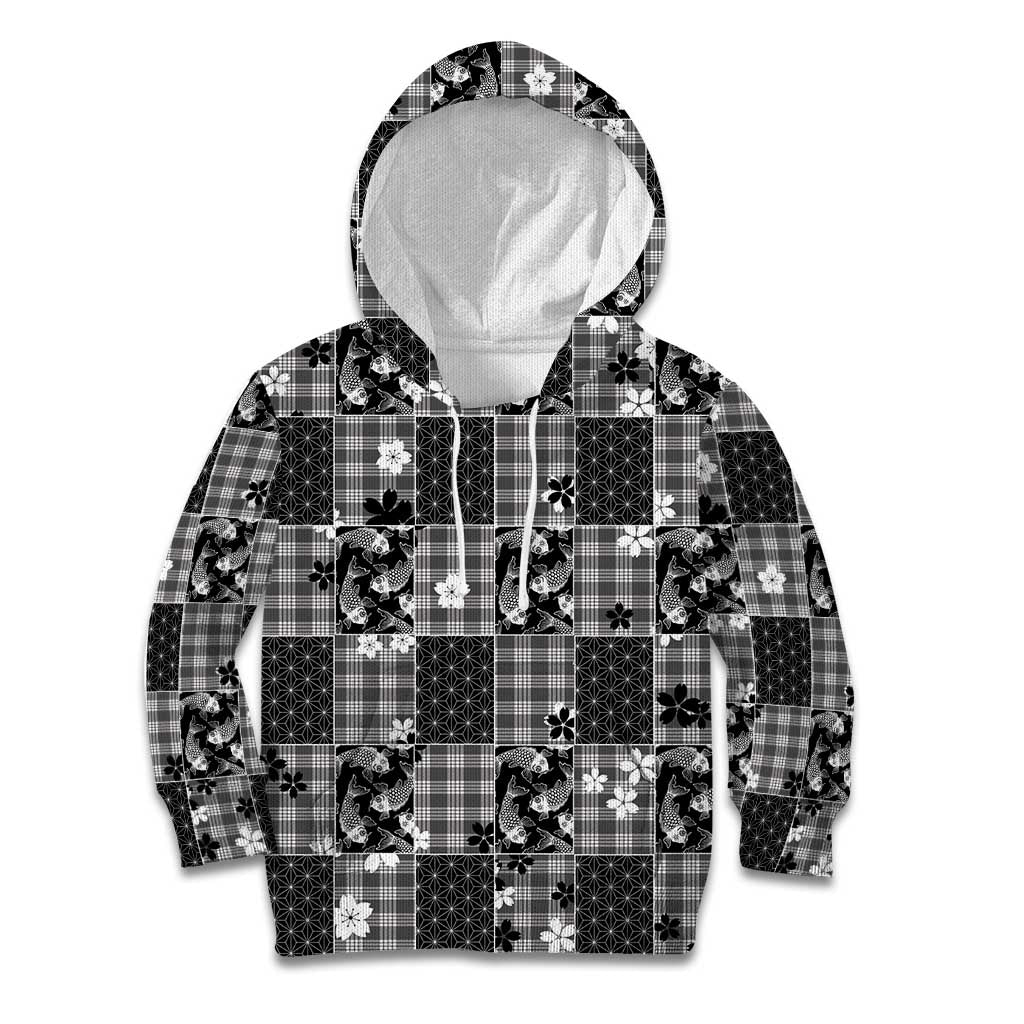 Black Palaka Japanese Patterns Kid Hoodie Koi Fish Asanoha Sakura Patchwork Stylized - Polynesian Pride