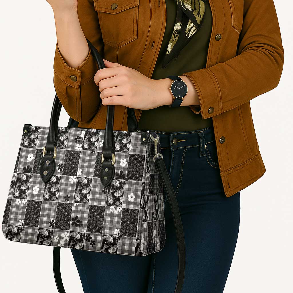 Black Palaka Japanese Patterns Leather Bag Koi Fish Asanoha Sakura Patchwork Stylized - Polynesian Pride