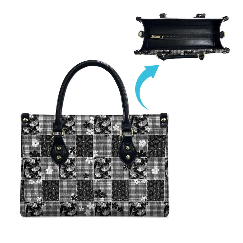 Black Palaka Japanese Patterns Leather Bag Koi Fish Asanoha Sakura Patchwork Stylized - Polynesian Pride