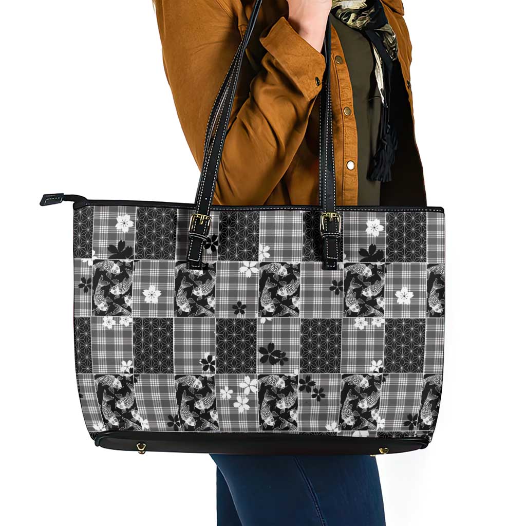 Black Palaka Japanese Patterns Leather Tote Bag Koi Fish Asanoha Sakura Patchwork Stylized - Polynesian Pride