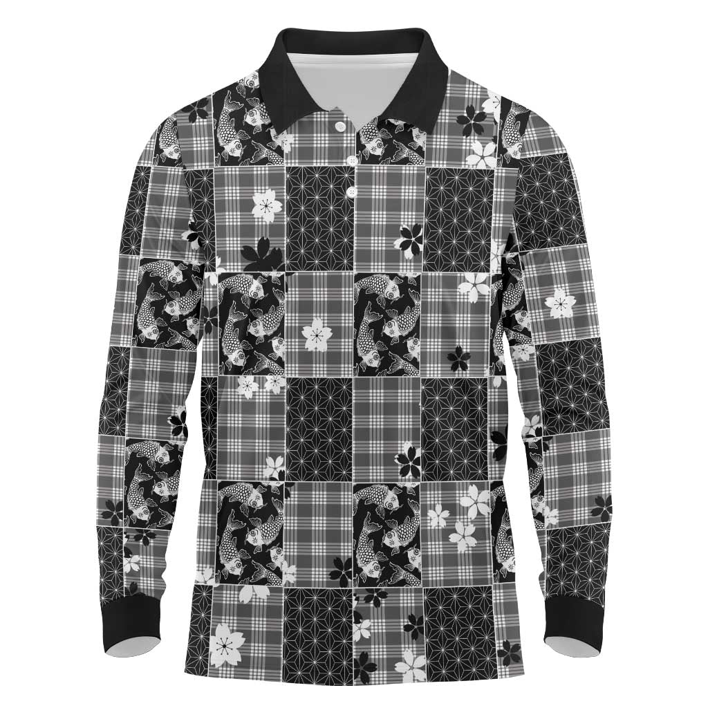 Black Palaka Japanese Patterns Long Sleeve Polo Shirt Koi Fish Asanoha Sakura Patchwork Stylized LT14 Black - Polynesian Pride