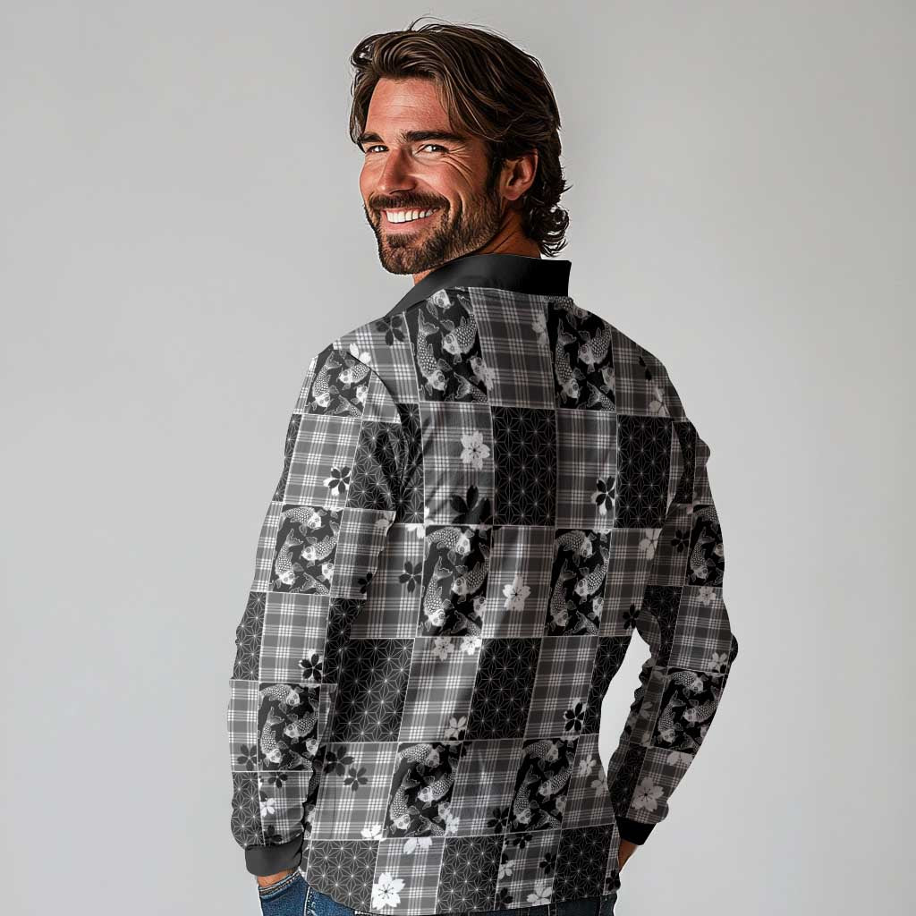Black Palaka Japanese Patterns Long Sleeve Polo Shirt Koi Fish Asanoha Sakura Patchwork Stylized - Polynesian Pride