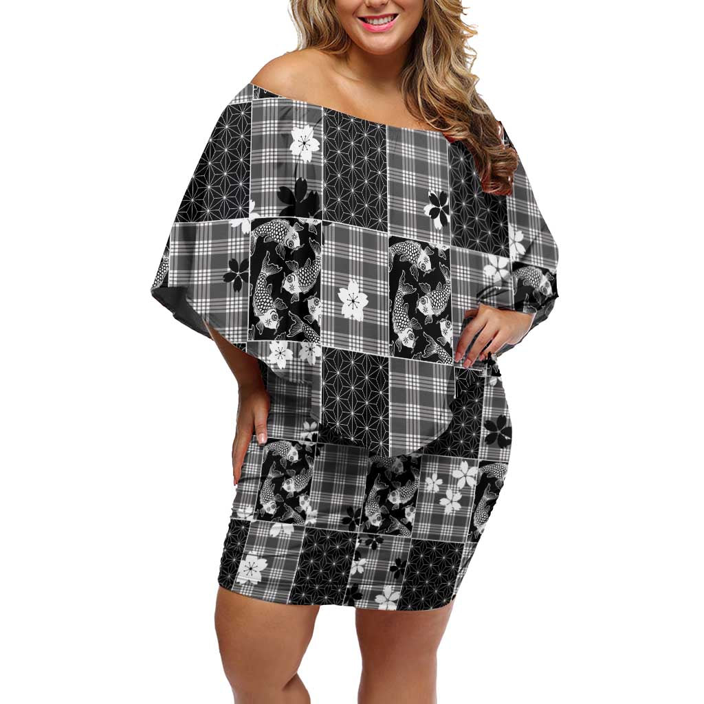 Black Palaka Japanese Patterns Off Shoulder Short Dress Koi Fish Asanoha Sakura Patchwork Stylized - Polynesian Pride