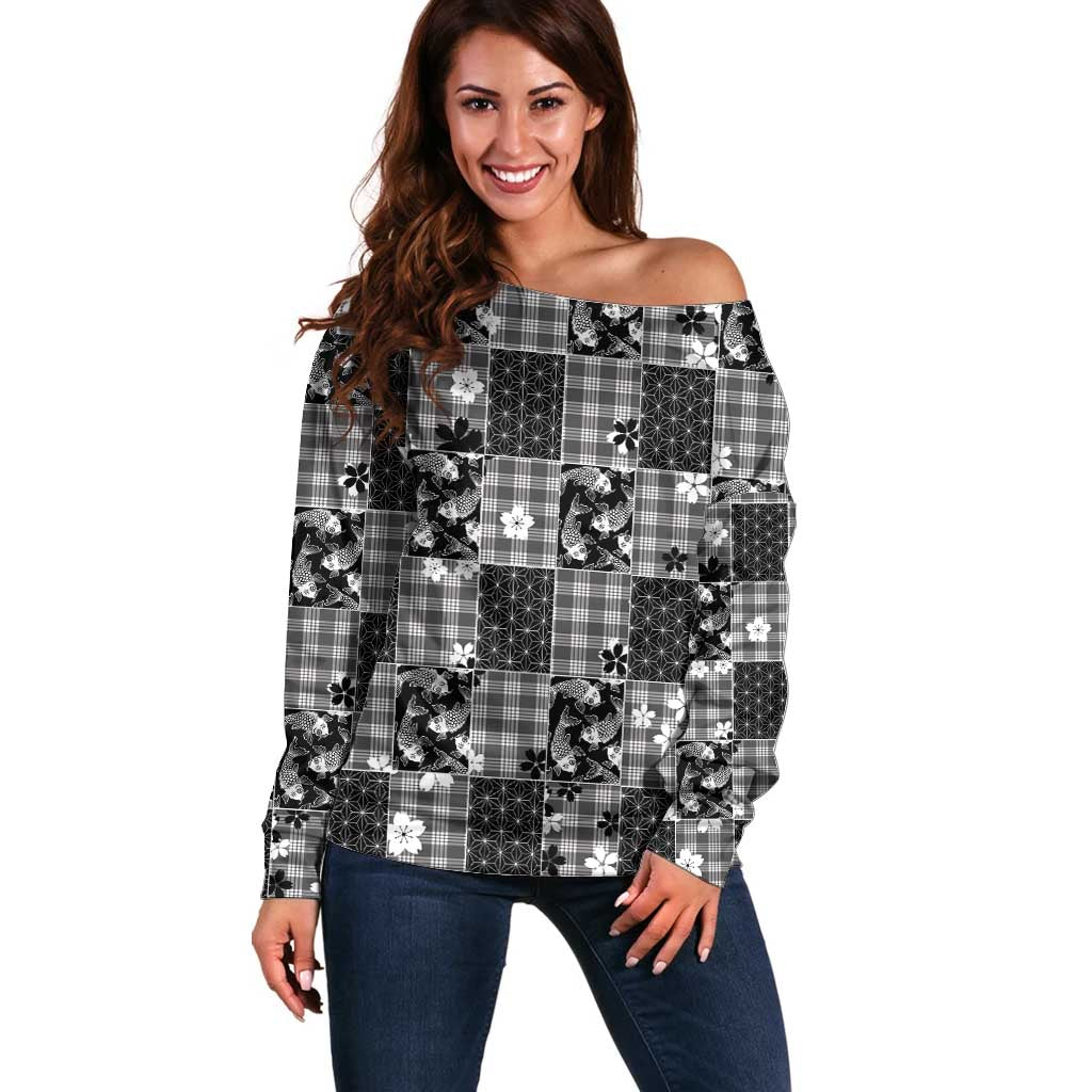 Black Palaka Japanese Patterns Off Shoulder Sweater Koi Fish Asanoha Sakura Patchwork Stylized - Polynesian Pride
