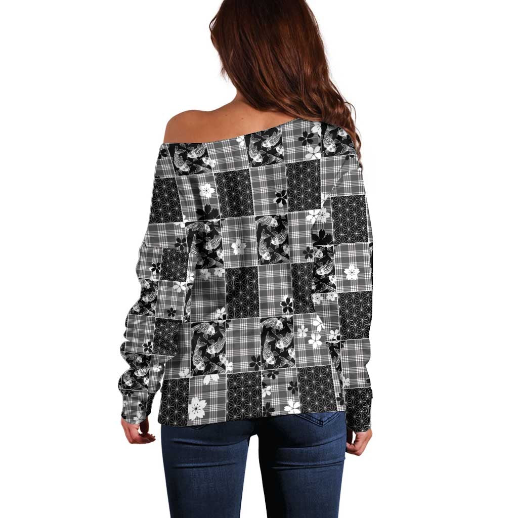 Black Palaka Japanese Patterns Off Shoulder Sweater Koi Fish Asanoha Sakura Patchwork Stylized - Polynesian Pride