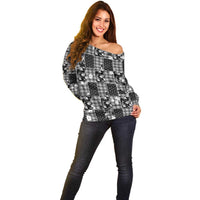 Black Palaka Japanese Patterns Off Shoulder Sweater Koi Fish Asanoha Sakura Patchwork Stylized - Polynesian Pride