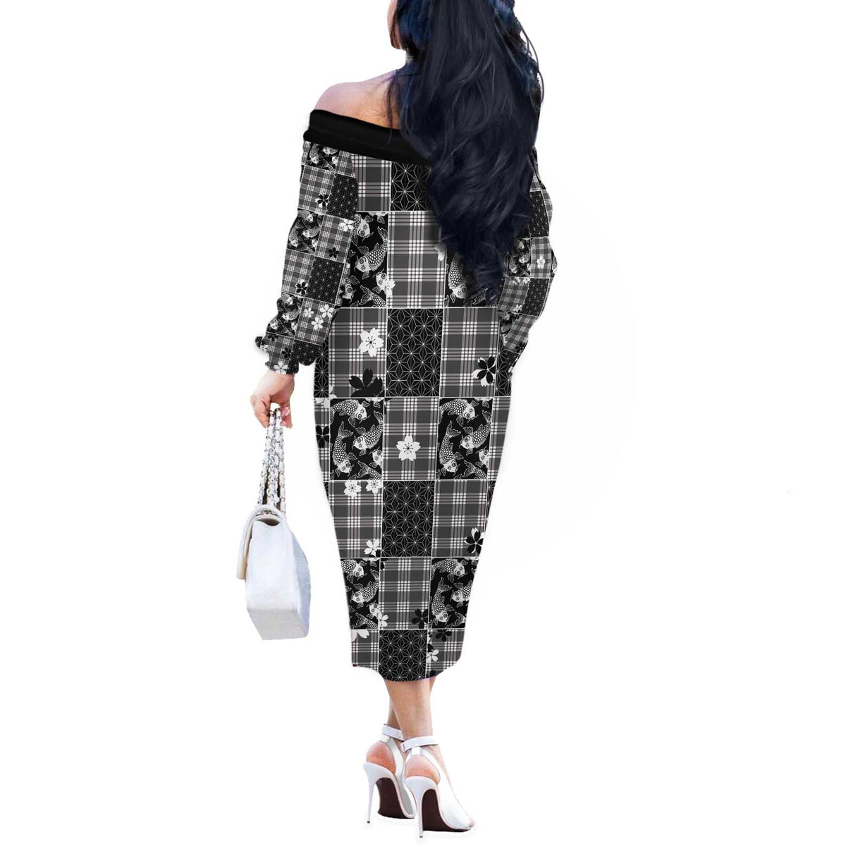 Black Palaka Japanese Patterns Off The Shoulder Long Sleeve Dress Koi Fish Asanoha Sakura Patchwork Stylized - Polynesian Pride
