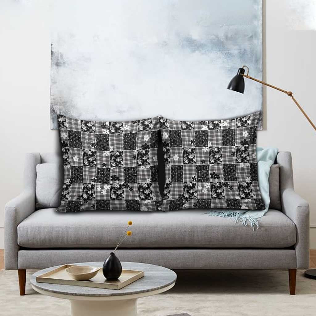 Black Palaka Japanese Patterns Pillow Cover Koi Fish Asanoha Sakura Patchwork Stylized - Polynesian Pride