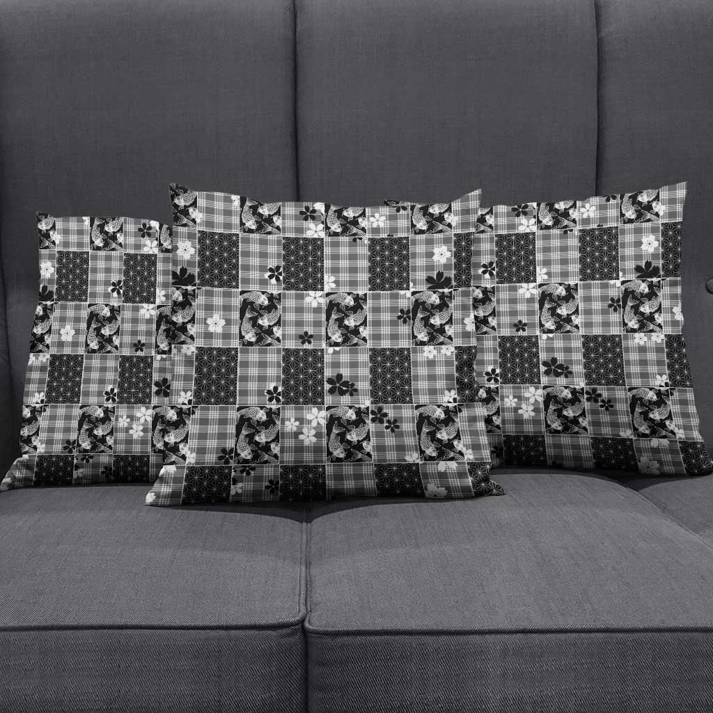 Black Palaka Japanese Patterns Pillow Cover Koi Fish Asanoha Sakura Patchwork Stylized - Polynesian Pride