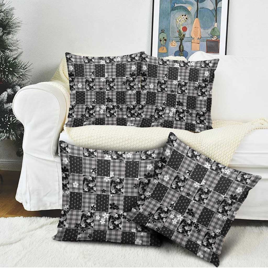 Black Palaka Japanese Patterns Pillow Cover Koi Fish Asanoha Sakura Patchwork Stylized - Polynesian Pride