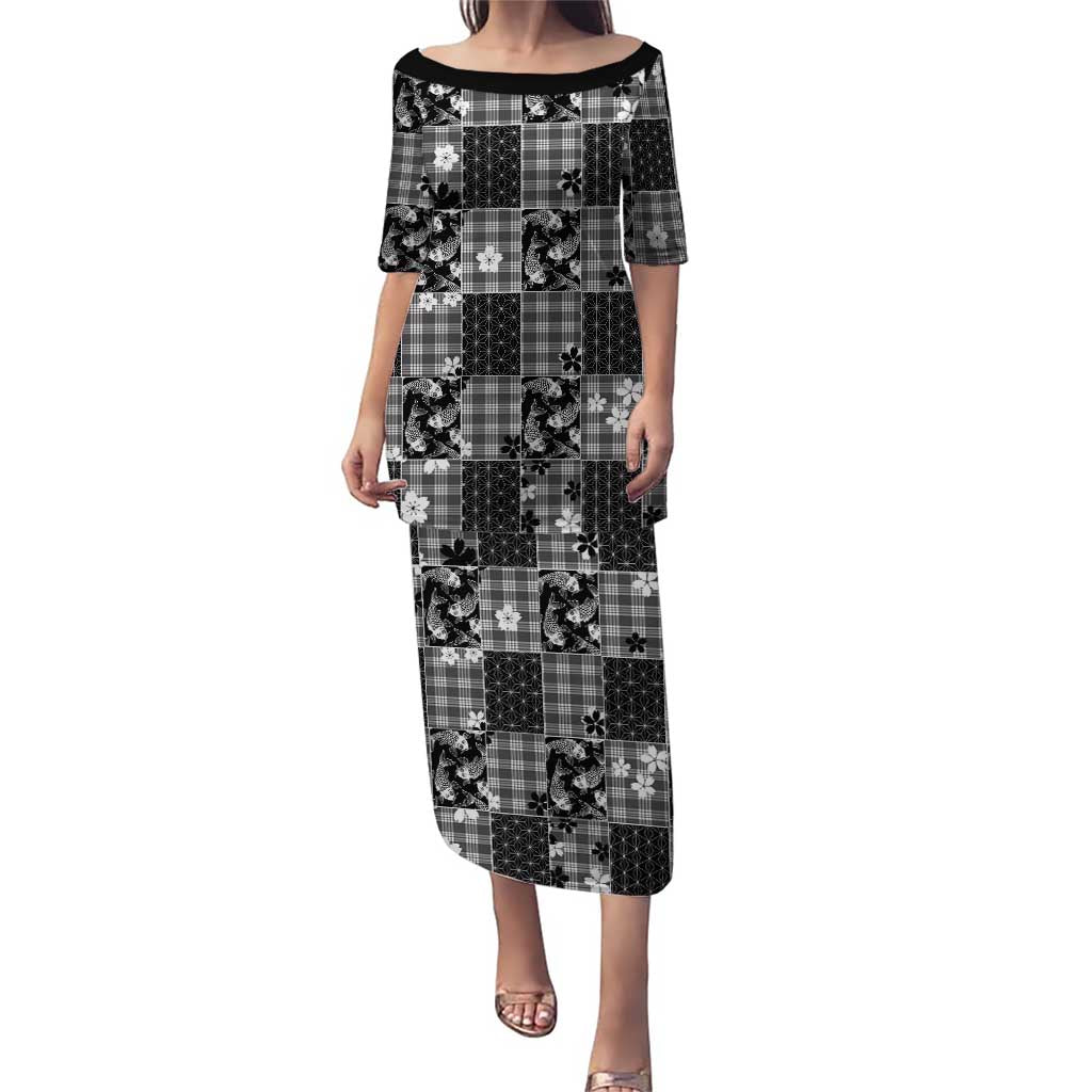 Black Palaka Japanese Patterns Puletasi Koi Fish Asanoha Sakura Patchwork Stylized - Polynesian Pride