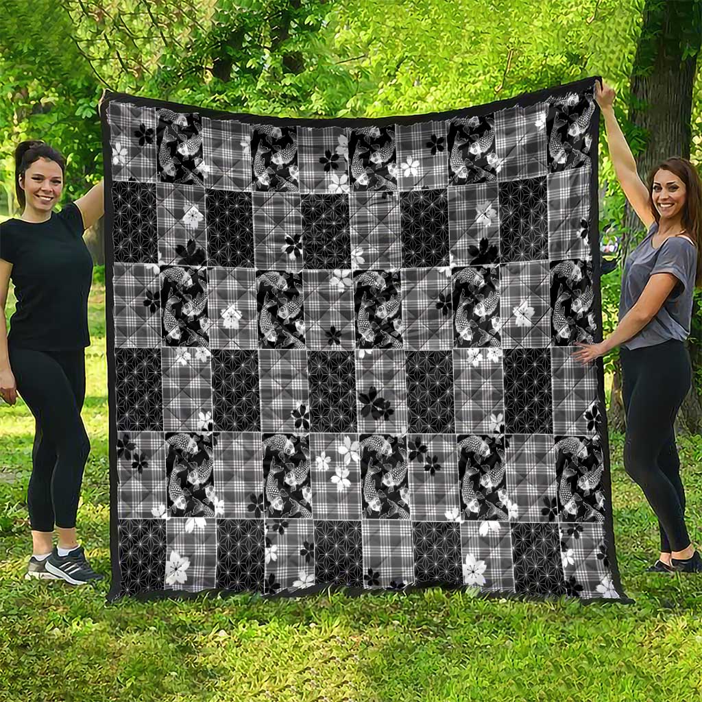 Black Palaka Japanese Patterns Quilt Koi Fish Asanoha Sakura Patchwork Stylized - Polynesian Pride