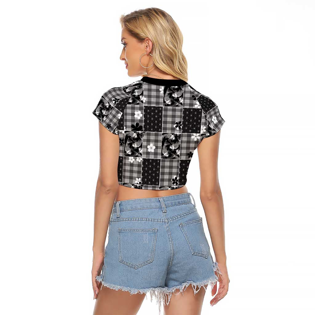 Black Palaka Japanese Patterns Raglan Cropped T Shirt Koi Fish Asanoha Sakura Patchwork Stylized - Polynesian Pride