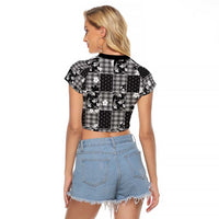 Black Palaka Japanese Patterns Raglan Cropped T Shirt Koi Fish Asanoha Sakura Patchwork Stylized - Polynesian Pride