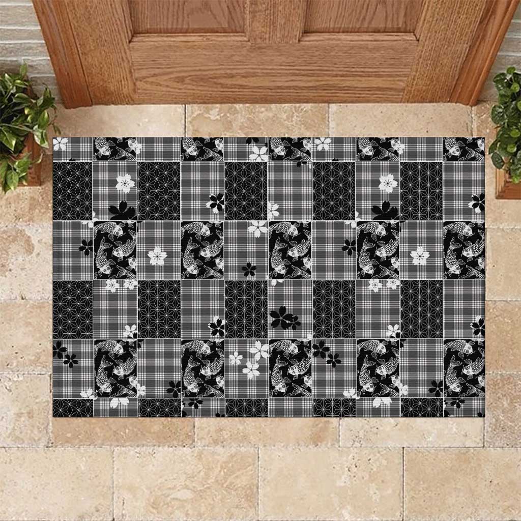 Black Palaka Japanese Patterns Rubber Doormat Koi Fish Asanoha Sakura Patchwork Stylized LT14 Black - Polynesian Pride