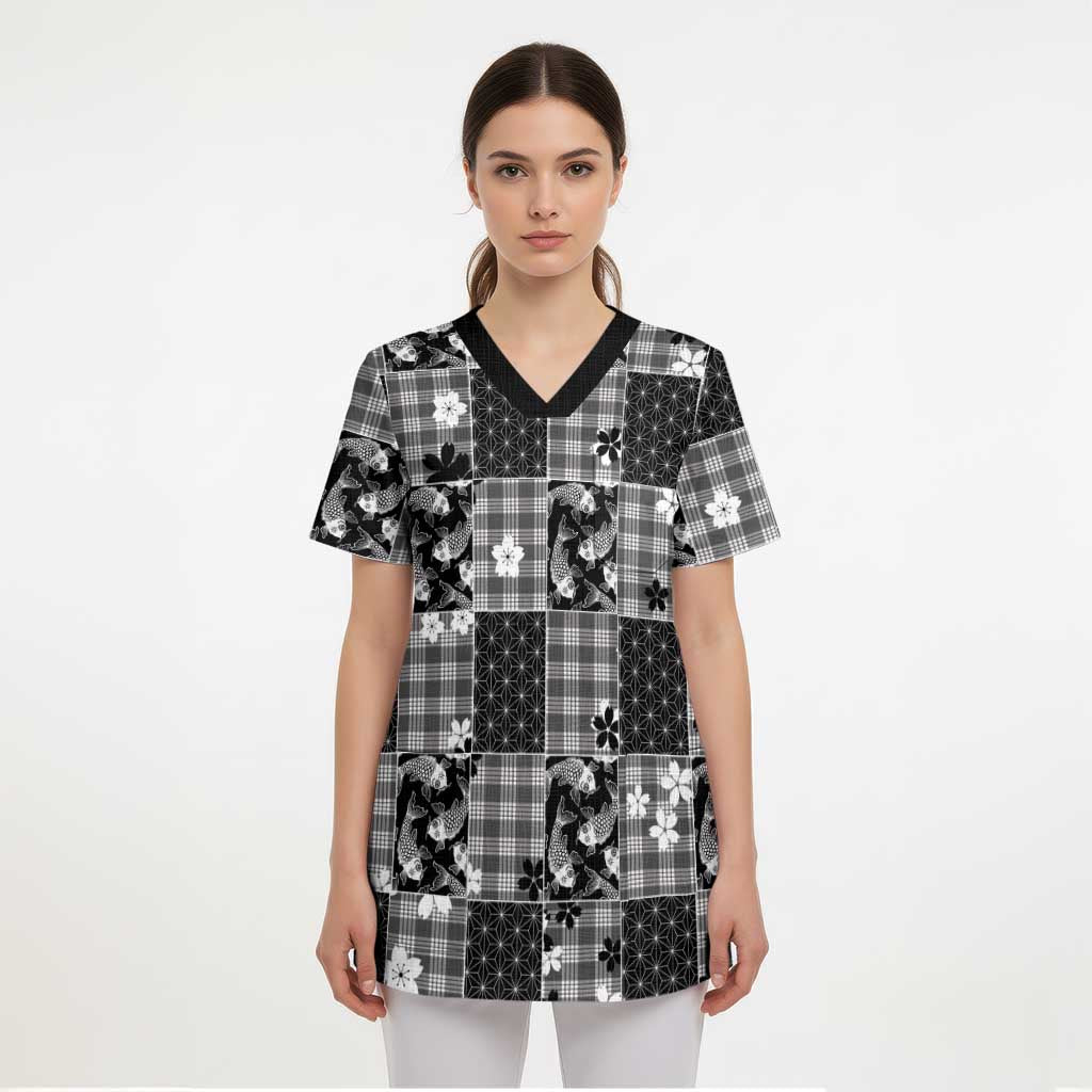 Black Palaka Japanese Patterns Scrub Top Koi Fish Asanoha Sakura Patchwork Stylized - Polynesian Pride