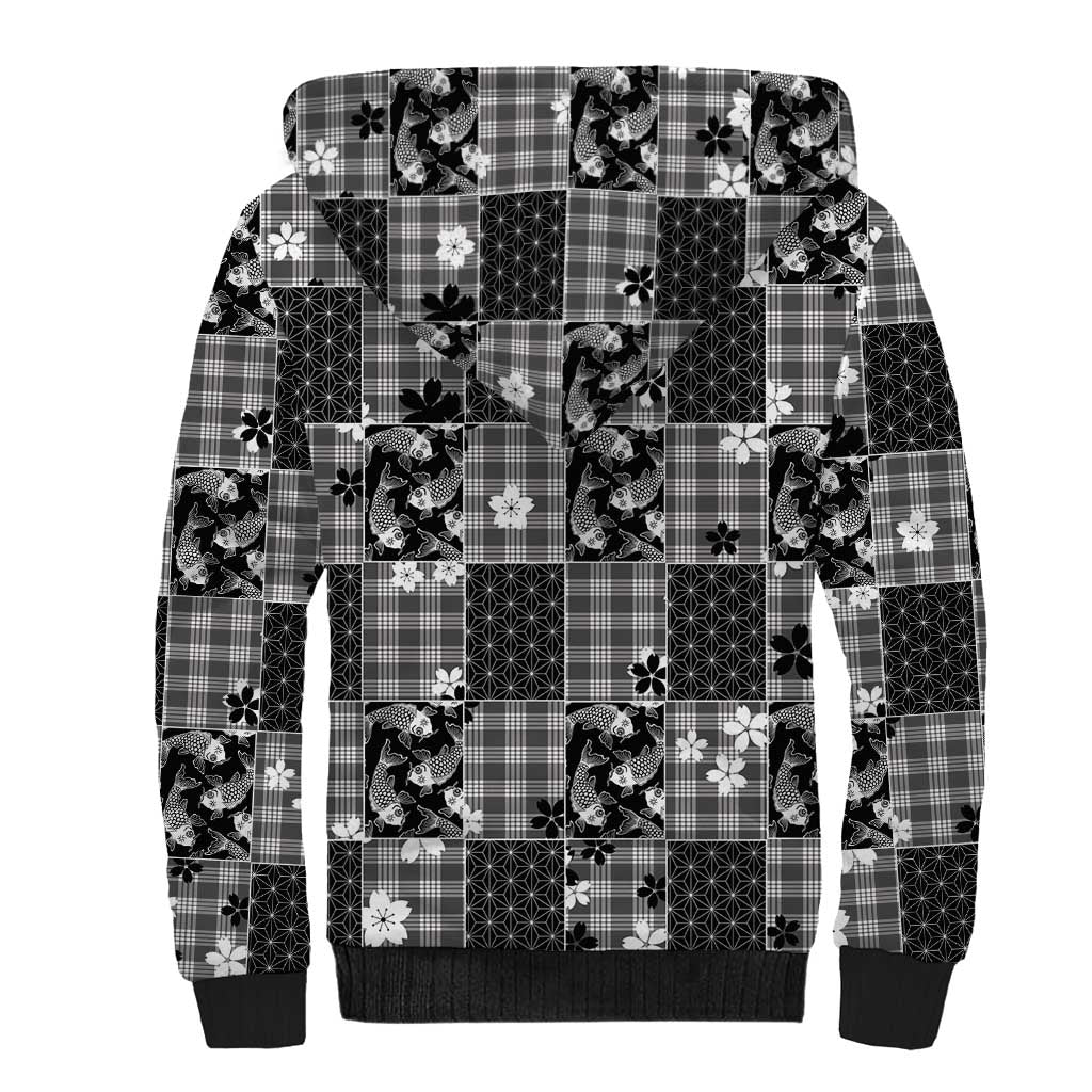 Black Palaka Japanese Patterns Sherpa Hoodie Koi Fish Asanoha Sakura Patchwork Stylized - Polynesian Pride