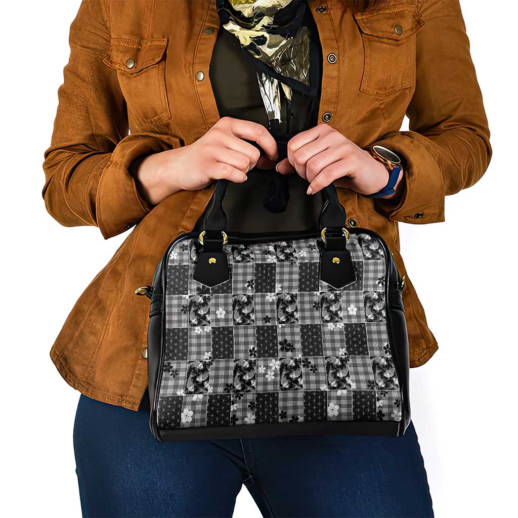 Black Palaka Japanese Patterns Shoulder Handbag Koi Fish Asanoha Sakura Patchwork Stylized - Polynesian Pride