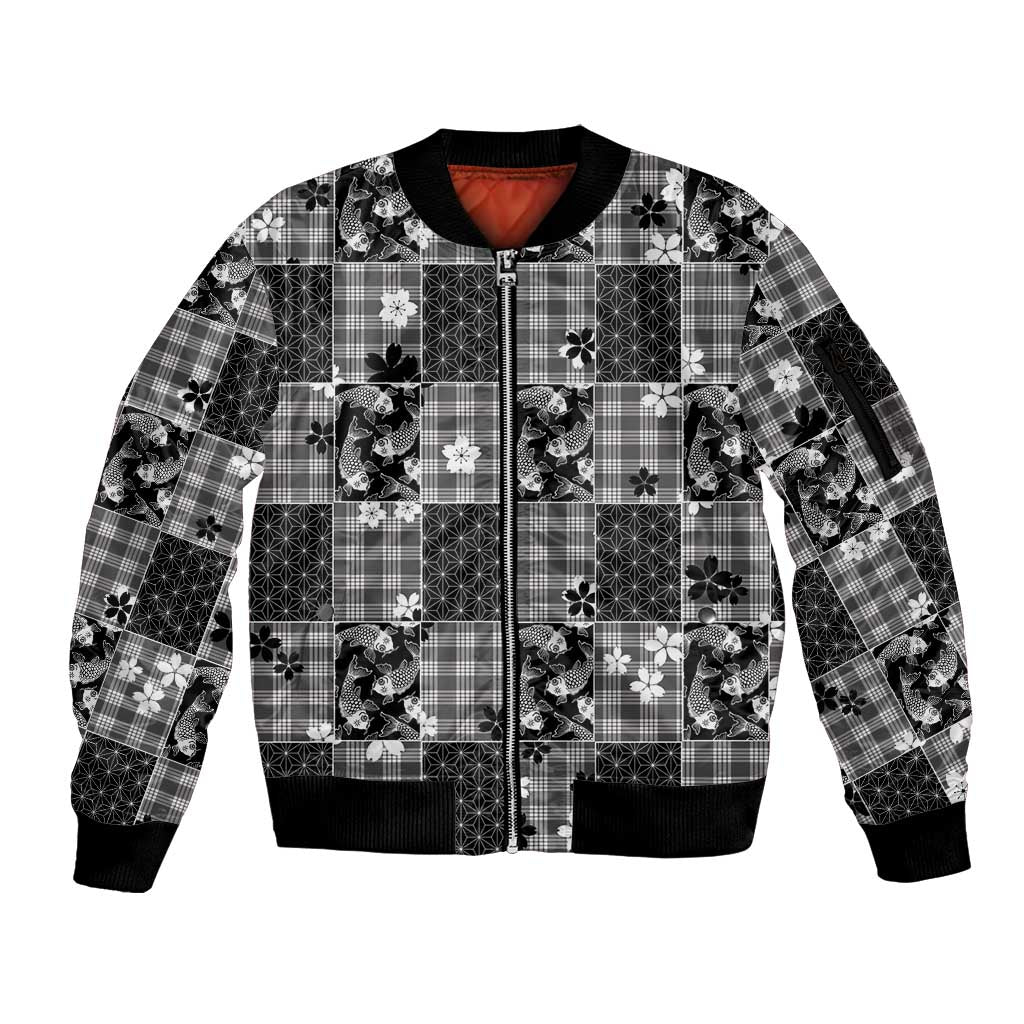 Black Palaka Japanese Patterns Sleeve Zip Bomber Jacket Koi Fish Asanoha Sakura Patchwork Stylized LT14 Unisex Black - Polynesian Pride