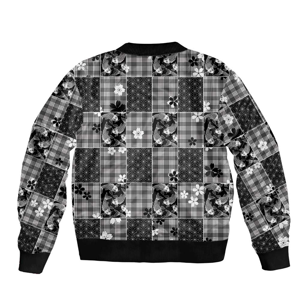 Black Palaka Japanese Patterns Sleeve Zip Bomber Jacket Koi Fish Asanoha Sakura Patchwork Stylized - Polynesian Pride