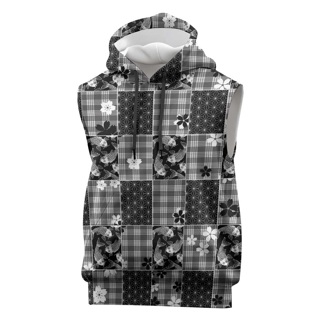 Black Palaka Japanese Patterns Sleeveless Hoodie Koi Fish Asanoha Sakura Patchwork Stylized LT14 Black - Polynesian Pride
