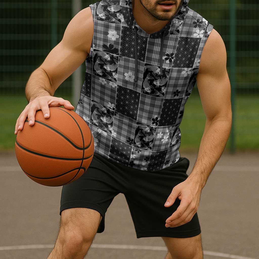 Black Palaka Japanese Patterns Sleeveless Hoodie Koi Fish Asanoha Sakura Patchwork Stylized - Polynesian Pride