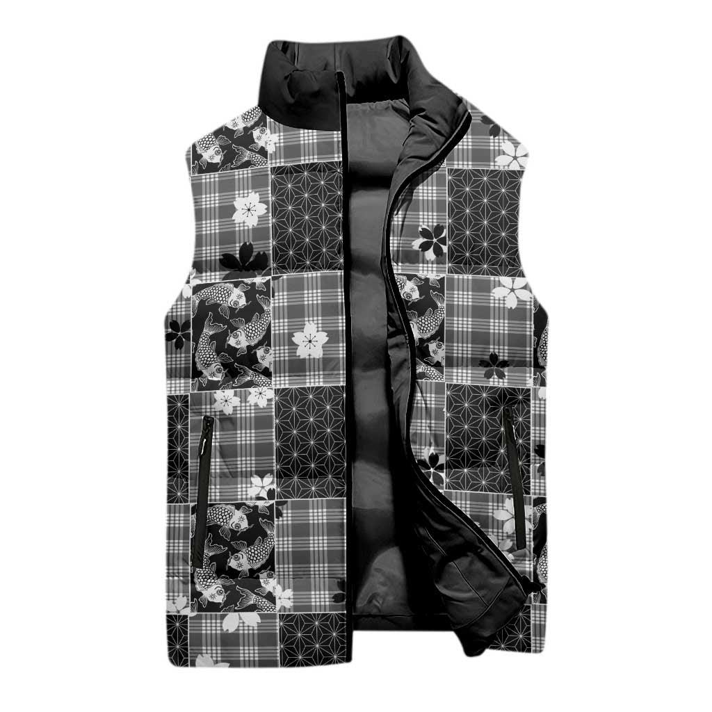 Black Palaka Japanese Patterns Sleeveless Puffer Jacket Koi Fish Asanoha Sakura Patchwork Stylized - Polynesian Pride