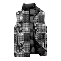 Black Palaka Japanese Patterns Sleeveless Puffer Jacket Koi Fish Asanoha Sakura Patchwork Stylized - Polynesian Pride